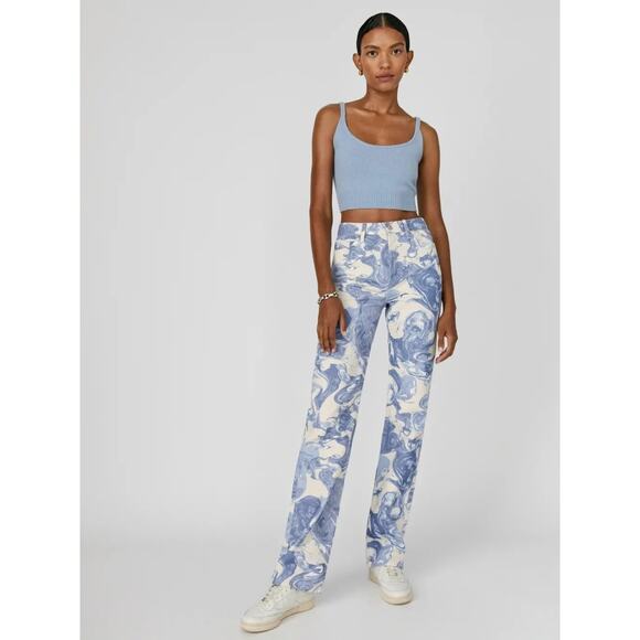 Reformation Jeans Marble High Rise Straight Long In Blue Swirl Denim 28